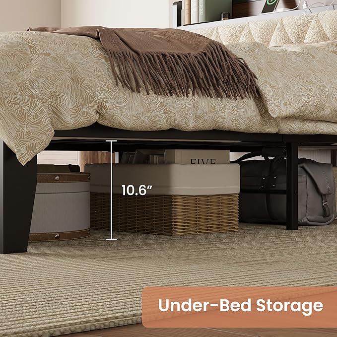 ANCTOR Queen Bed Frame with Storage Headboard & Charging Station, Metal Platform Queen Bed, Upholstered Tufted Headboard, Heavy Duty Slat Support, Noise Free, No Box Spring Needed, Walnut and Cream