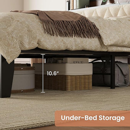 ANCTOR Queen Bed Frame with Storage Headboard & Charging Station, Metal Platform Queen Bed, Upholstered Tufted Headboard, Heavy Duty Slat Support, Noise Free, No Box Spring Needed, Walnut and Cream