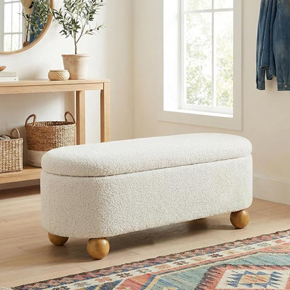 VKNOW 44.8" Storage Ottoman Bench End of Bed Bench, Thickened Upholstered Blanket Chest for Living Room, Entryway Bench with Hinge and Cute Spherical Solid Wood Stool Legs for Bedroom, Beige
