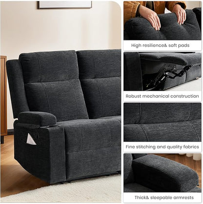 55" RV Loveseat Recliner – Space-Saving Double Reclining RV Sofa, Compact Theater Seating with Cup Holders & Storage Pocket, Black Chenille Couch for Camper, Motorhome & Home Theater