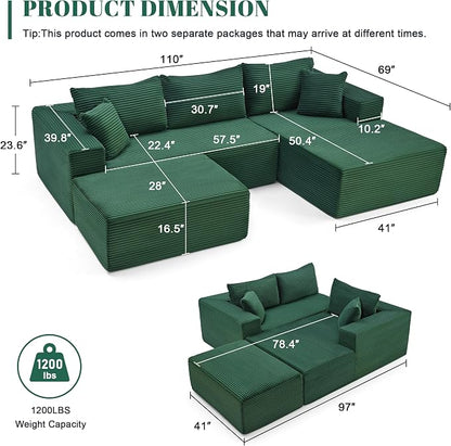 Mangodan 110” Cloud Sectional Couch, Boneless Sofa for Living Room, Modular Sectional Sofa with Deep Seat, Comfy Fluffy U-Shaped Couch with Right-Facing Chaise, No Assembly Required, Green