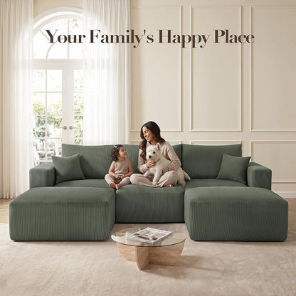 Living&Giving 115" Modular Cloud Boneless Couch, U Shaped Sectional Sofa with Chaise, Corduroy Floor Couch for Living Room, High-Density Foam & Firm Lumbar Support for Apartment,Green