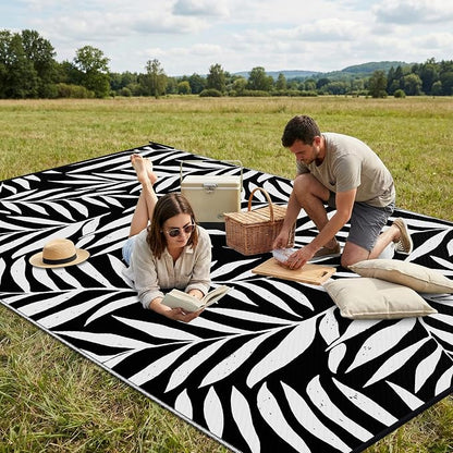 Smiry Outdoor Rug 9x12 ft, Waterproof Reversible Plastic Straw Rugs, Outdoor Area Rug with Leaf Pattern, Outside Floor Mat for Patio, Backyard, Deck, Picnic, Beach, Camping, Black & White