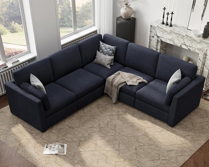 Oversized Modular Sectional Sofa V-Shaped Cloud Couches Blue | 109'' Deep Seat Couch for Living Room, 5-Seater Luxury Comfortable Corner sofa, Solid Wood Frame, Removable Washable Cover