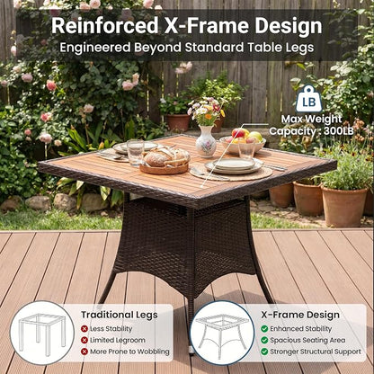 Wisteria Lane Patio Outdoor Table and Chairs Set, Rattan Outdoor Patio Furniture Set with Removable Cushions, Outdoor Patio Dining Sets with Acacia Wood Tabletop for Garden Backyard Deck, Brown