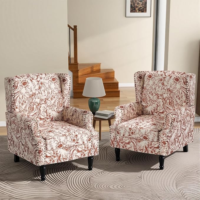 High Back Floral Accent Chairs Set of 2, Fabric Wingback Chair Upholstered Armchair for Living Room - Rococo Orange