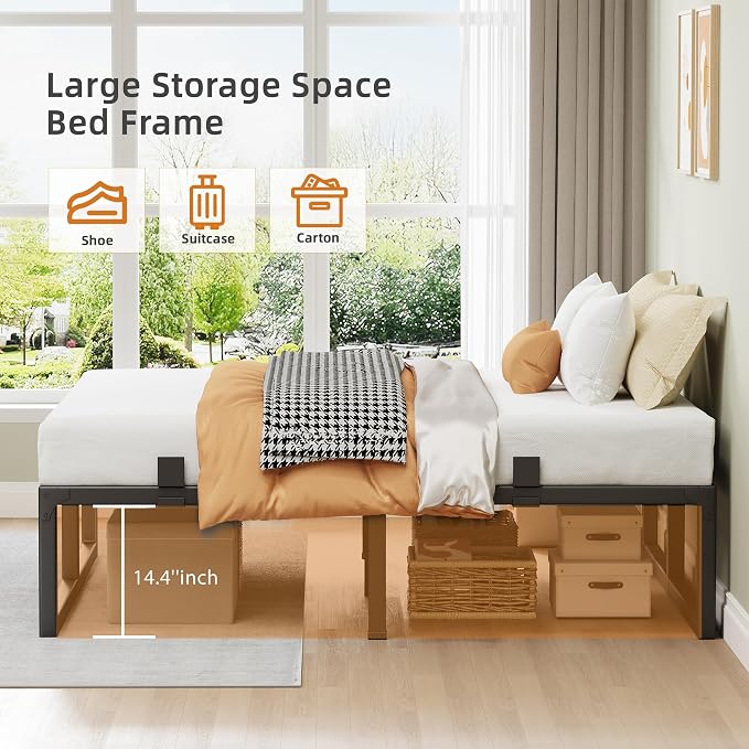 Queen Bed Frame, 16 Inch Metal Platform Bed Frames with Squeak Free U-Slot Design, 6 Non-Slip Guards, 3500lbs Heavy Duty Steel Slat Support, No Box Spring Needed, Under Bed Storage, Black