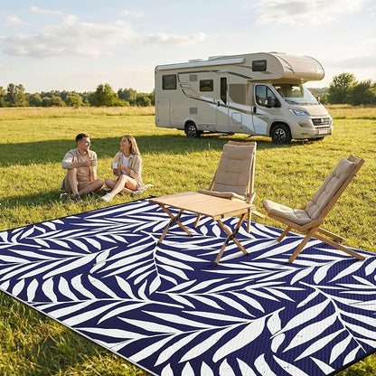 Smiry Outdoor Rug 9x12 ft, Waterproof Reversible Plastic Straw Rugs, Outdoor Area Rug with Leaf Pattern, Outside Floor Mat for Patio, Backyard, Deck, Picnic, Beach, Camping, Navy & White
