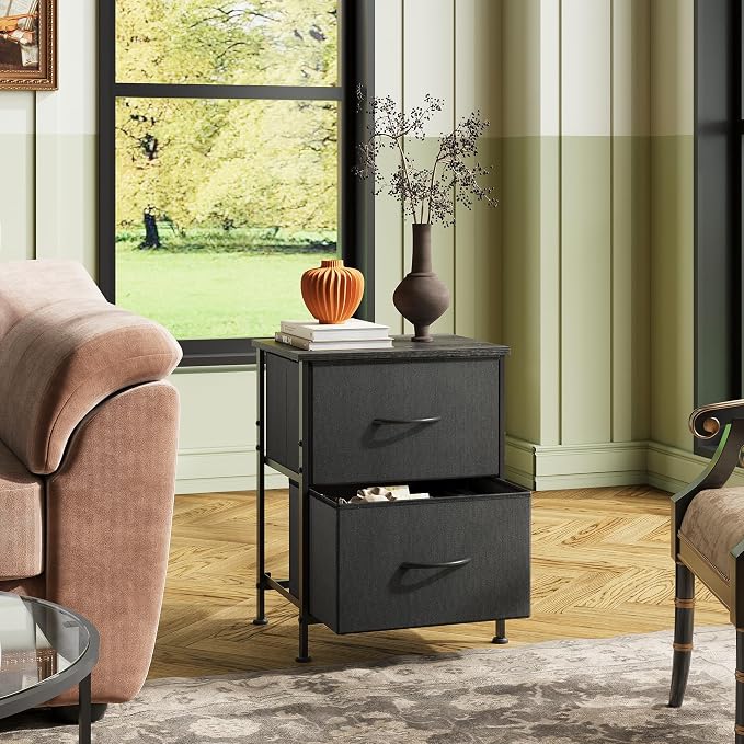 WLIVE Black Night Stand, Small Dresser with 2 Drawers & Wooden Top, Nightstand with Fabric Bins, Bedside Table End Table for Bedroom, Closet, Entryway, College Dorm, Charcoal Black