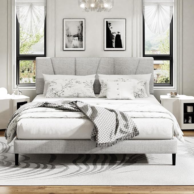 Sismplly Queen Size Platform Bed Frame with Upholstered Headboard, Wooden Slats Support, Noise Free, No Box Spring Needed, Easy Assembly, Light Grey, Linen