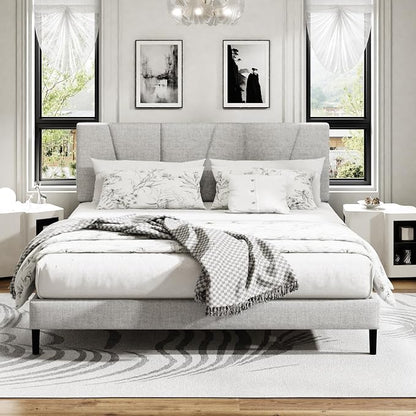 King Size Platform Bed Frame with Upholstered Headboard, Wooden Slats Support, Noise Free, No Box Spring Needed, Easy Assembly, Light Grey, Linen