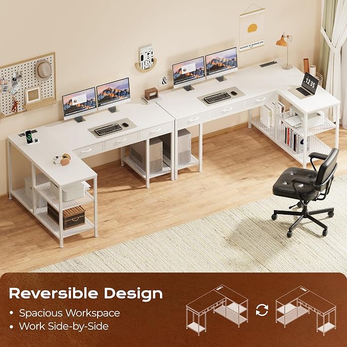 PRAISUN 55 Inch L Shaped Office Desk with Power Outlets and Type-C Port, Large Computer Gaming Desk with 3 Fabric Drawers, Mesh Shelves, Corner Study Work Writing Desk, White