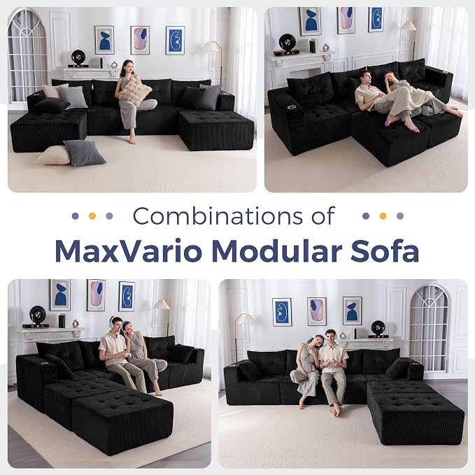 MAXYOYO 129.5" Modular Sectional Sofa Couch, U Shaped Modern Cloud Couch with 2 Ottomans, Sofa in A Box, Tufted 6-Seat Boneless Chair for Living Room, No Assembly Required, Black