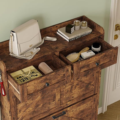 BORNOON Shoe Storage Cabinet for Entryway, Farmhouse Narrow Shoe Cabinet with 3 Flip Drawers & 2 Top Drawers, Adjustable Shelves & Hooks, Freestanding Hidden Rack Organizer for Hallway, Foyer
