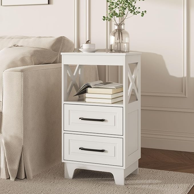 Tall Nightstand Set of 2 Side Table with 2 Drawers Modern Night Stand Wooden End Table Bedside Table with Upper Open Shelf Solid Feet for Bedroom, White