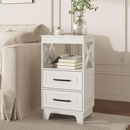 Tall Nightstand Set of 2 Side Table with 2 Drawers Modern Night Stand Wooden End Table Bedside Table with Upper Open Shelf Solid Feet for Bedroom, White
