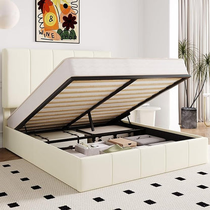 Allewie Queen Size Velvet Lift Up Storage Bed Frame, Vertical Channel Tufted Headboard, Hydrualic Underneath Storage, Upholstered Platform Bed, Wooden Slats Support, No Box Spring Needed, Cream