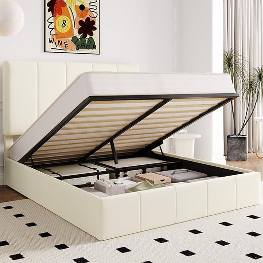 Allewie Queen Size Velvet Lift Up Storage Bed Frame, Vertical Channel Tufted Headboard, Hydrualic Underneath Storage, Upholstered Platform Bed, Wooden Slats Support, No Box Spring Needed, Cream