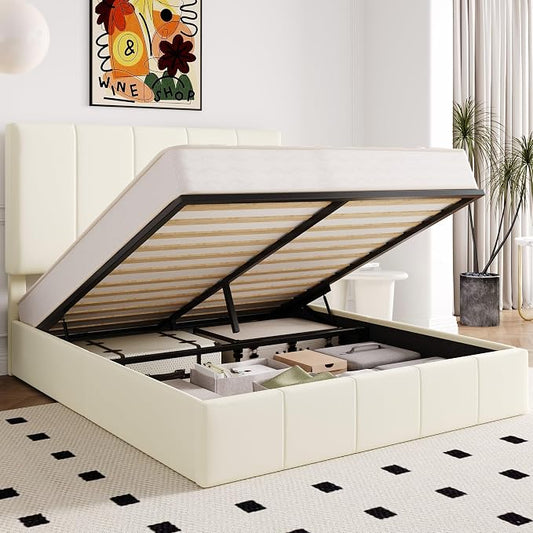 Allewie Full Size Velvet Lift Up Storage Bed Frame, Vertical Channel Tufted Headboard, Hydrualic Underneath Storage, Upholstered Platform Bed, Wooden Slats Support, No Box Spring Needed, Cream