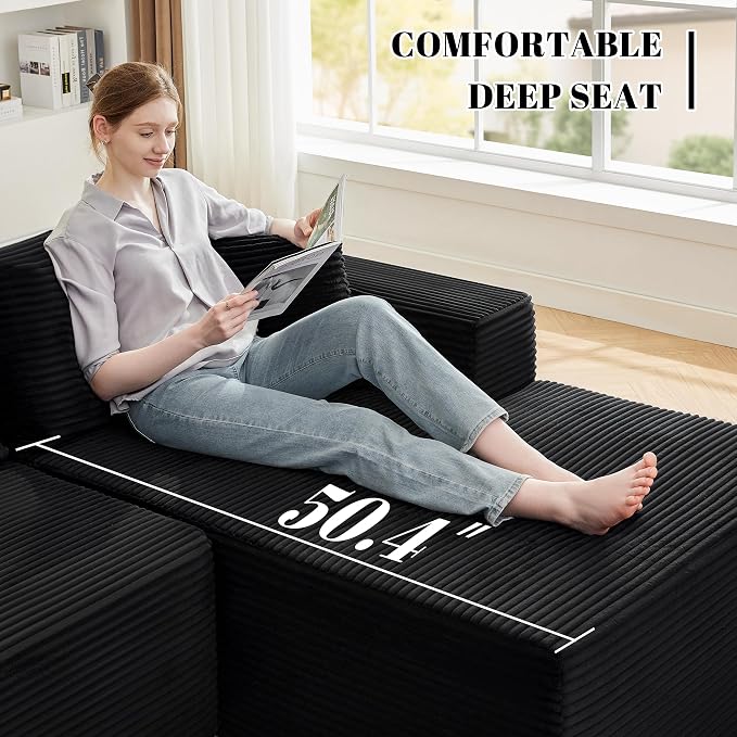 Mangodan 110” Cloud Sectional Couch, Boneless Sofa for Living Room, Modular Sectional Sofa with Deep Seat, Comfy Fluffy Couch with L-Shaped Chaise, No Assembly Required (Right-Facing Chaise, Black)