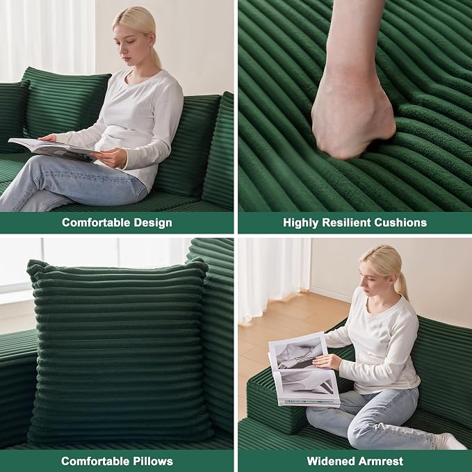 Mangodan 140” Cloud Sectional Couch, Modular Sectional Sofa with Deep Seat, Boneless Sofa for Living Room, Fluffy Comfy U-Shaped Couch with Left Facing Chaise, No Assembly Required, Green