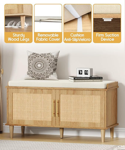 Akxomel Rattan Shoe Storage Bench with Cushion, 2-Tier Entryway Bench with Adjustable Shelves and 2 Doors, 15" D x 39.4" W x 20" H, Solid Wood Legs, for Hallway, Living Room, Bedroom, Natural Oak