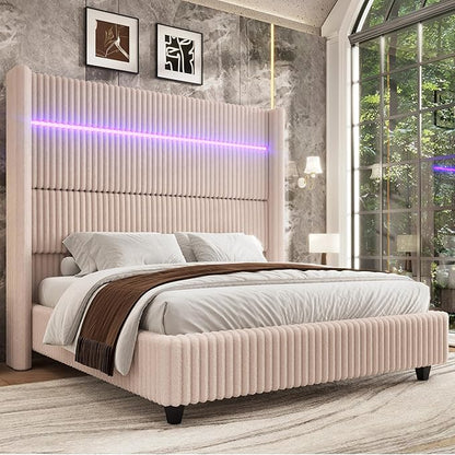 Jocisland Cal King Bed Frame Faux-Fur Upholstered 60" Tall Headboard, Beige | Wingback Headboard, LED lights, USB Charging, Noise-free, No box spring needed, easy assembly, for Tall People