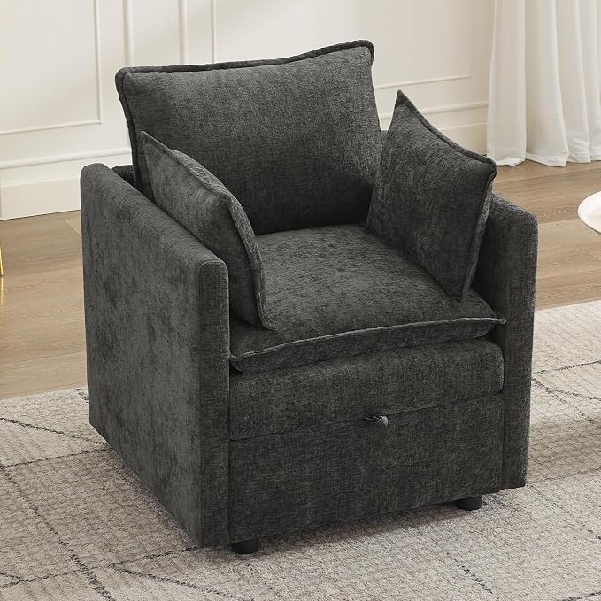 30" Cloud Modular Single Sofa Chair with Storage, Modern Upholstered Accent Chair Deep Seat, Chenille Reading Lounge Armchair for Living Room, Bedroom, Small Space, Dark Grey