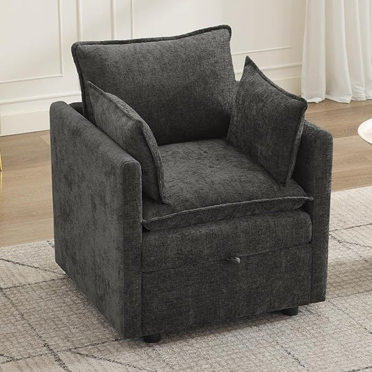 30" Cloud Modular Single Sofa Chair with Storage, Modern Upholstered Accent Chair Deep Seat, Chenille Reading Lounge Armchair for Living Room, Bedroom, Small Space, Dark Grey