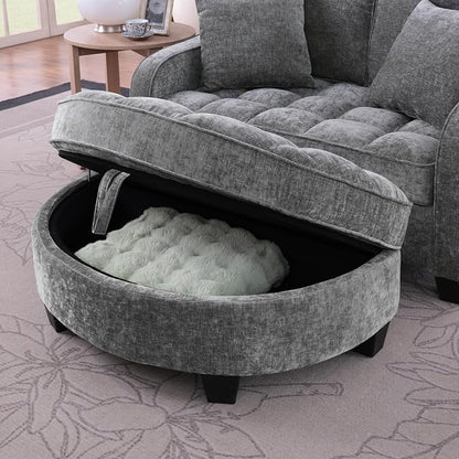 ERYE Chenille Tufted Loveseat Sofa and Ottoman Set, Tufted Recliner Sleeper Chaise Lounge with Curved Storage Ottoman,Reclining Backrest and Side Pockets, 4 Pillows