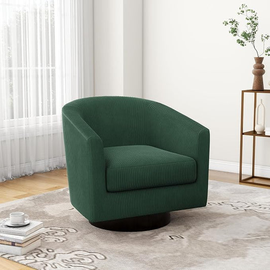 Swivel Accent Chairs Set of 2, Barrel Chair Corduroy Upholstered Armchair for Living Room, Small Single Sofa Bedroom Reading Seat - Dark Green