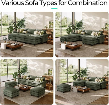LINSY HOME 123'' Modular Sectional Sofa 3 Seat Couch Corduroy Cloud Couch with Deep Seat, Modern Cloud Couch with 3 Movable Ottoman for Living Room, Office, Bedroom, Green