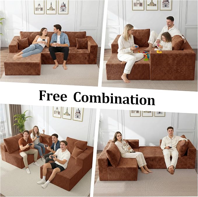92.5" L-Shaped Sectional Boneless Couches with Chaise, Comfy Modular Corduroy Fluffy Couch with Deep Seat, 3 Seater Cloud Sofa for Apartment Flexible Module Combination for Living Room, No Assembly