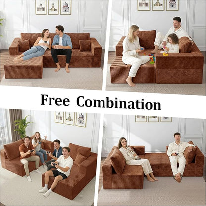 92.5" L-Shaped Sectional Boneless Couches with Chaise, Comfy Modular Corduroy Fluffy Couch with Deep Seat, 3 Seater Cloud Sofa for Apartment Flexible Module Combination for Living Room, No Assembly