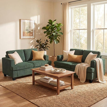YOUDENOVA 2 Piece Set Comfy Sofa Couch, Loveseat Sofa * 2 with Deep Seats, Modern Sleeper Couch for Living Room, Green Corduroy