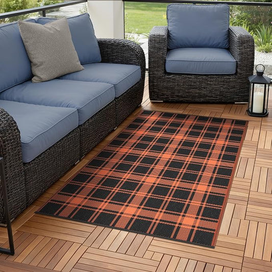 GENIMO Waterproof Outdoor Rug for Patio Clearance, 3'x5' Reversible Plastic Straw Rugs, Lightweight RV Camping Mat for Camper, Balcony, Deck, Backyard, Picnic, Black Orange Plaid