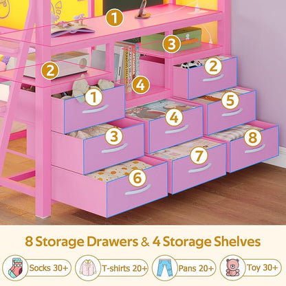 busyaeh Bunk Bed Twin Over Twin 8 Drawer & 4 Shelve, 15" H Safety Guardrail | bunk Bed with Desk, Low bunk bed with LED Lights & Charging Station,L-Shaped Bunk Beds with Stairs,Girls bunk bed,Pink