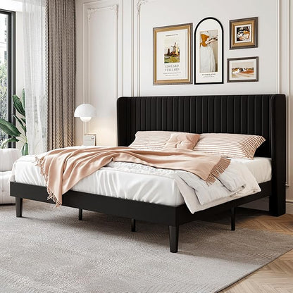 SHA CERLIN King Size Velvet Bed Frame with Vertical Channel Tufted Wingback Headboard, Upholstered Platform Bed with Wood Slats, No Box Spring Needed, Easy Assembly, Black