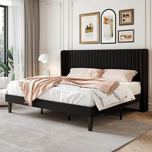 SHA CERLIN King Size Velvet Bed Frame with Vertical Channel Tufted Wingback Headboard, Upholstered Platform Bed with Wood Slats, No Box Spring Needed, Easy Assembly, Black