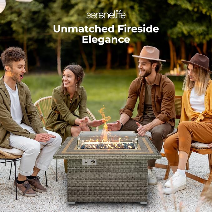SereneLife Outdoor Propane Fire Pit Table, 50,000 BTU Wicker Gas Firepit with Tile Tabletop, with Glass Wind Guard and Decorative Glass Stones, CSA Certified, Weatherproof Cover, 43"x27"x25"