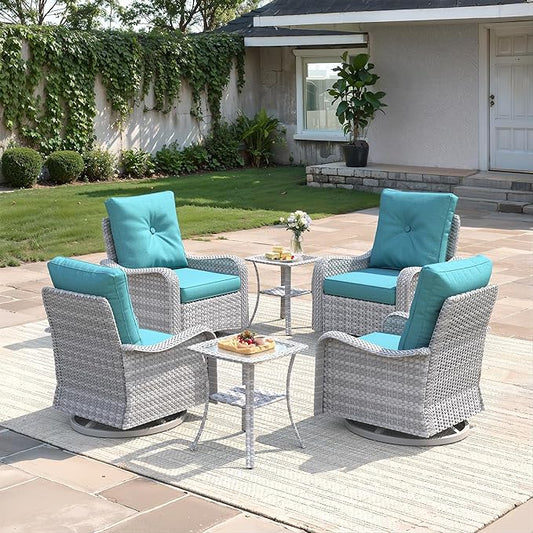 6-Piece Patio Furniture Set, Outdoor Swivel Rocking Chairs with 4" Thick Cushions & Side Table, All-Weather PE Rattan & Rust-Resistant Steel Frame Conversation Set for Porch, Backyard, Turquoise
