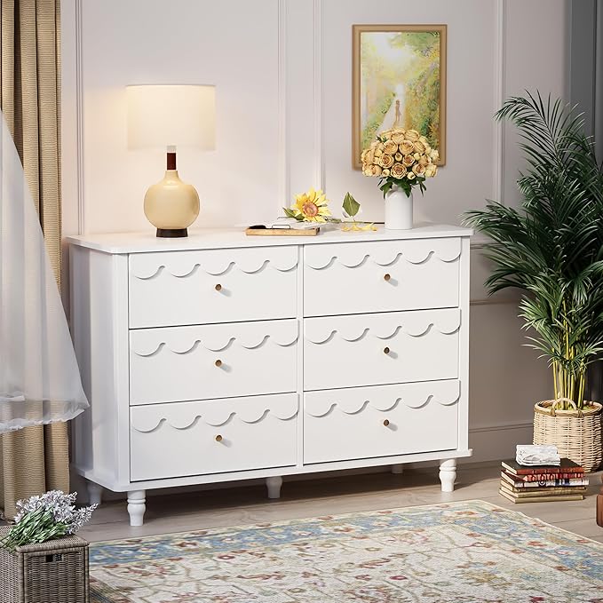 Anbuy 3 Pcs Bedroom Sets, Scalloped 6 Drawer Dresser and Night Stand Sets for Bedroom, Two Drawers Nightstand Set of 2 & 6 Drawer Dresser Combo 3 Pieces (White)