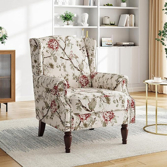 Pia Ricco High Back Floral Accent Chair - Retro Wingback Upholstered Armchair with Nailhead Trim, Solid Wood Legs, Fabric Living Room Bedroom Reading Chair (Flower Beige)