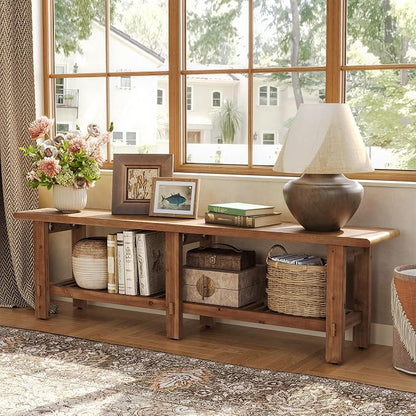 LITTLE TREE Solid Wood Entryway Shoe Bench, 63" Farmhouse Narrow End of Bed Bench with Storage Rack for Bedroom, Living Room, Entry Way, Front Door, Window, Hallway, Rustic Brown