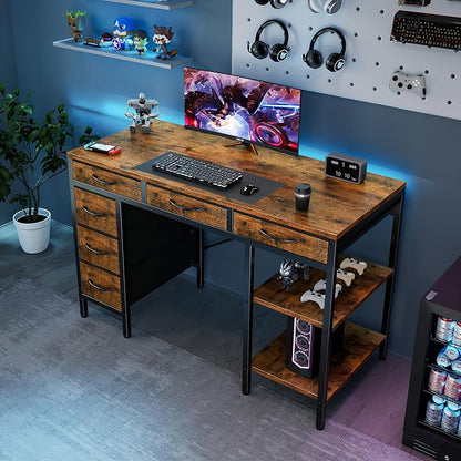 Sweetcrispy 47" Computer Desk with 6 Drawers, Home Office Gaming Desks with Storage Shelves for Bedroom, Writing Study Corner Living Room Work Table Rustic Brown