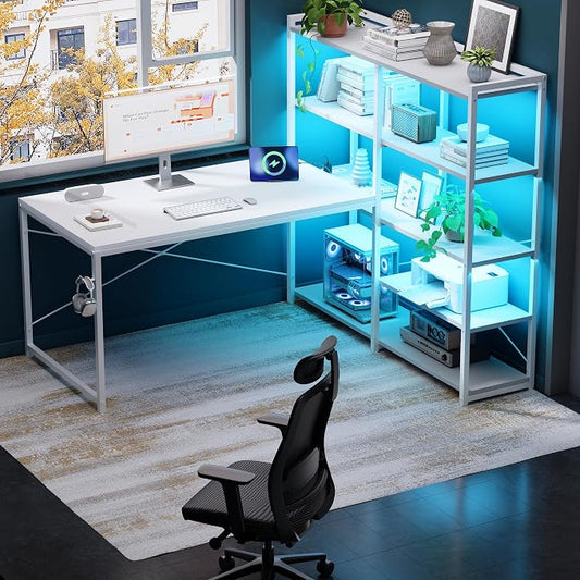 Pamray 49 Inch L Shaped Gaming Computer Desk with Shelves and Storage | Compact Reversible Design with LED Lights & Power Outlets, Suitable for Home Office Bedroom Small Spaces and Dorm Study Work