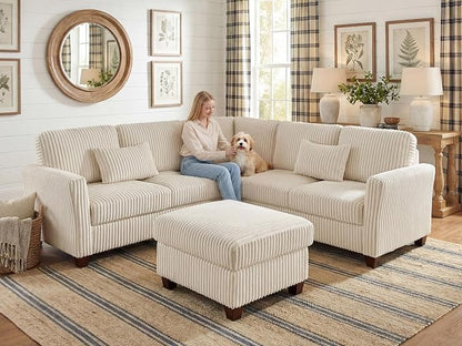 VANOMi Sectional Corner Couch, Corduroy L Shaped Sofa, 6-Seat Couch,Beige