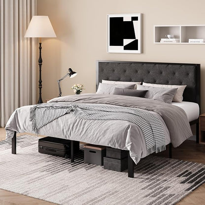 SHA CERLIN King Size Metal Bed Frame with Linen Tufted Headboard, Dark Gray | Modern Design Heavy-Duty Platform Bed, No Box Spring Need, Linen Fabric Upholstery, Noise Free, Easy Assembly