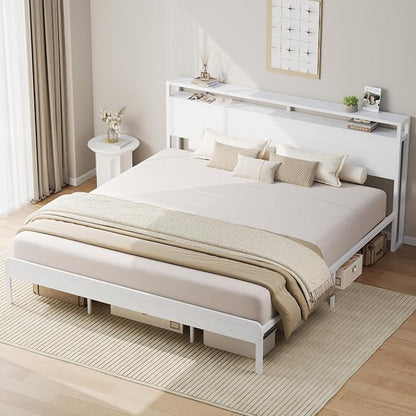 LIKIMIO California King Bed Frame with Headboard, Wood Camas California King with Strong Supports, Sturdy, Noise-Free, No Box Spring Needed, White