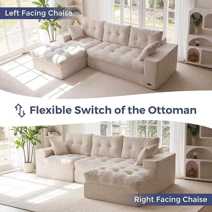 MAXYOYO 104" L Shaped Modular Sectional Sofa with Ottoman, Cloud Boneless Couch with Layered Cushion, Upholstered Sofa Flexible Module Combination for Living Room, No Assembly, Beige